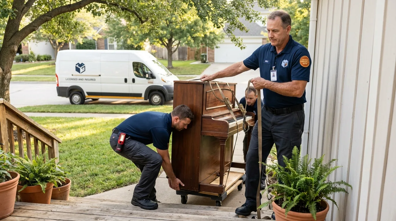 Licensed piano movers securing grand piano in Ashford, AL