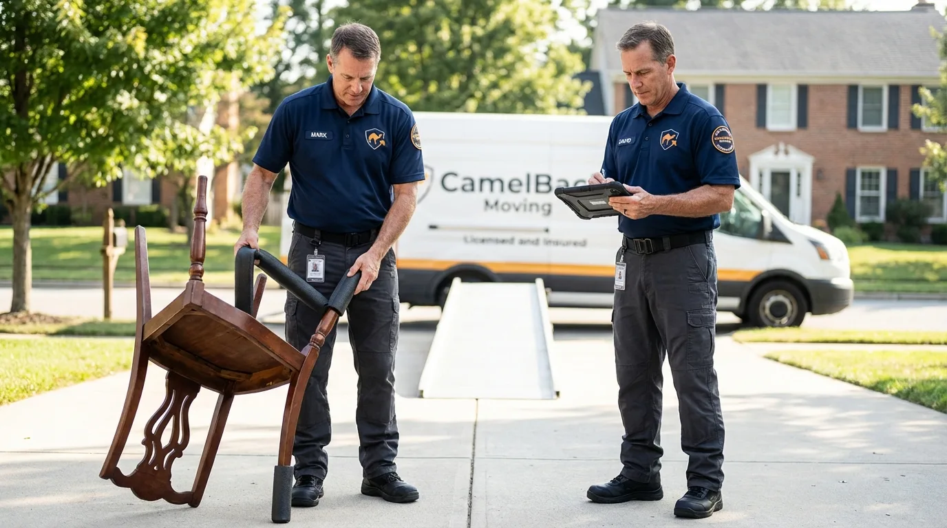 Movers inspecting furniture for damage prevention before loading in Ashford, AL