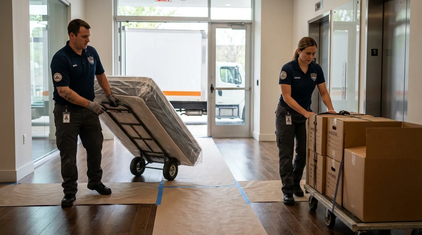 Professional apartment movers loading elevator in Ashford, AL