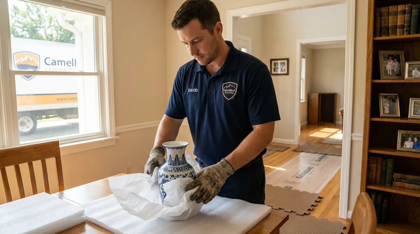 Professional crew carefully wrapping antique vase for senior downsizing move in Ashford, AL